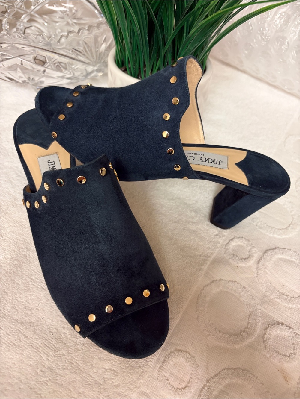 Jimmy Choo Navy Suede Gold-Stud Slide Mules